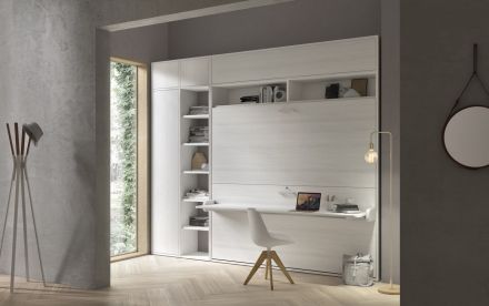 Inspiratie foto met diverse opties als extra opzetkast, neerklapbare beveiliging +hoofbord, meeklappende desk , etc.